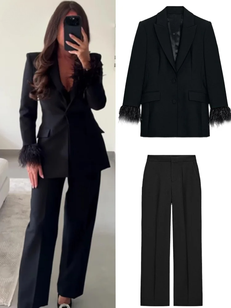 Shoulder Pad Set In - Şık Tüylü Blazer Pantolon Takımları Kadınlar